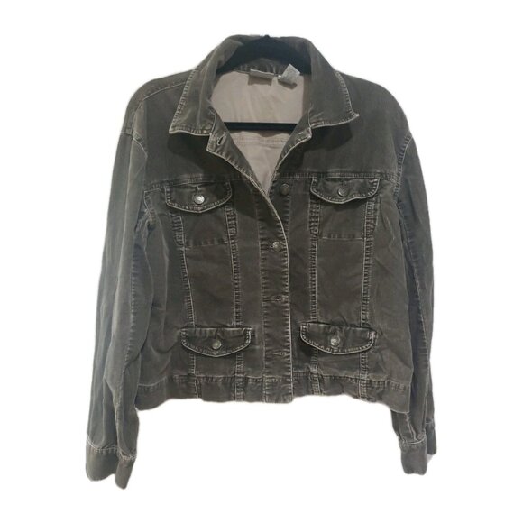 Chicos Trucker Jacket Velour Grey Size 1 Stretch Soft Pockets Medium - Picture 1 of 9